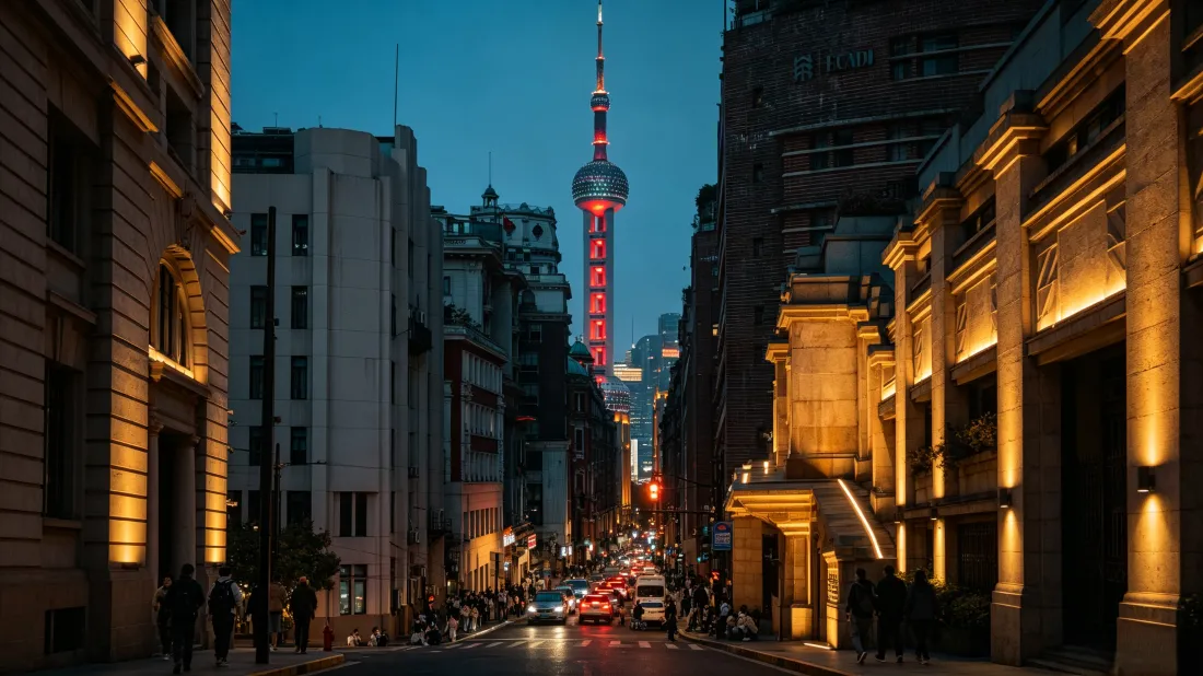 上海黄昏街景，两侧欧式建筑暖光照明，街道尽头东方明珠塔亮红色灯光。
