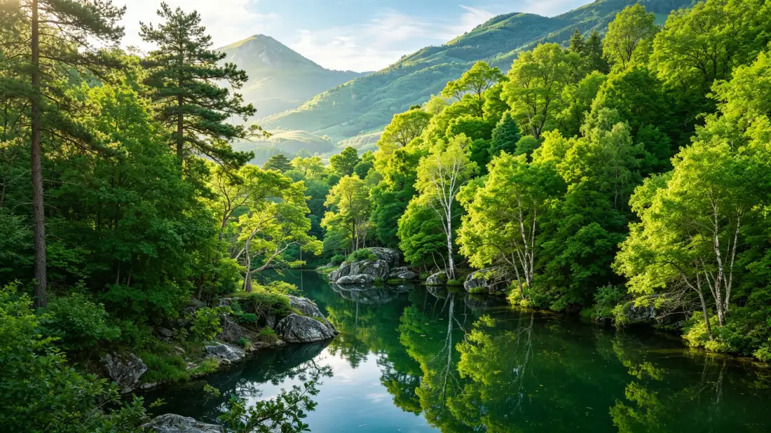 阳光洒落的山林湖泊，水面倒映绿树与远山，清新治愈。