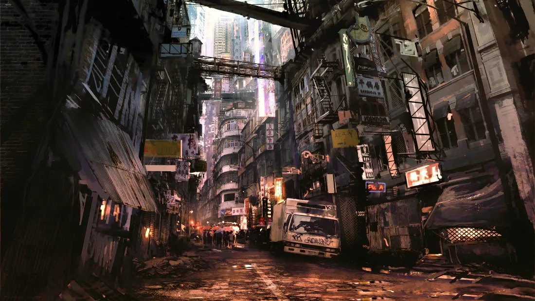 赛博朋克风格的昏暗旧城区小巷，两侧老旧建筑挂满霓虹招牌，湿滑路面反射暖光，远处矗立摩天高楼。