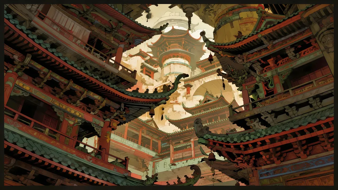 仰视视角下层层叠叠的中式飞檐古建筑，暖光从建筑间隙透出。