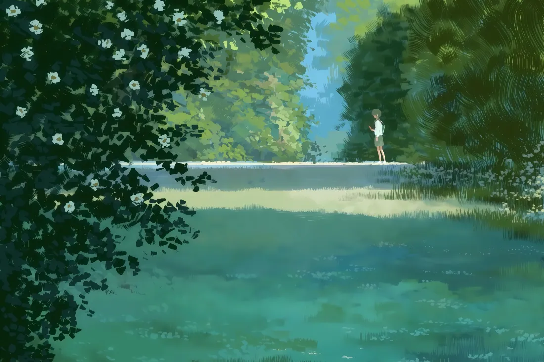 5k湖边树林壁纸|湖水人物背景图片 - 夏日清新治愈风景「哲风壁纸」 夏日湖畔插画,左侧缀满白花的树丛,岸边白衣人物立于林间步道。