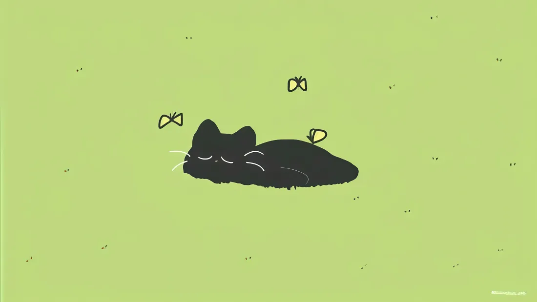 浅绿色背景上，一只慵懒的卡通黑猫蜷卧睡觉，三只蝴蝶相伴飞舞。