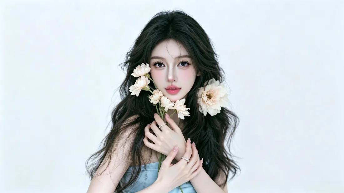 3k清纯美女壁纸|淡蓝背景图片 - 白花氛围感写真「哲风壁纸」 淡蓝背景前,黑发卷发女子身着浅蓝色抹胸,手持白花,氛围清新柔美。