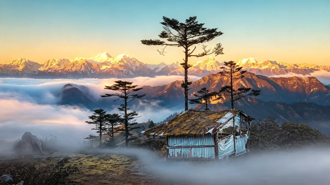 3k高山云海壁纸|山间小屋背景图片 - 日照金山晨景「哲风壁纸」 晨雾缭绕的高山云海间,日照金山下立着山间小屋与苍松。
