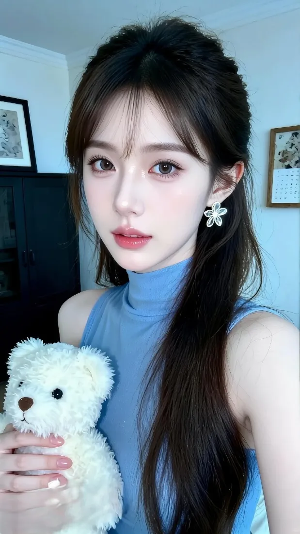 穿蓝色无袖高领上衣的长发美女，怀抱白色小熊玩偶，居家室内自拍。