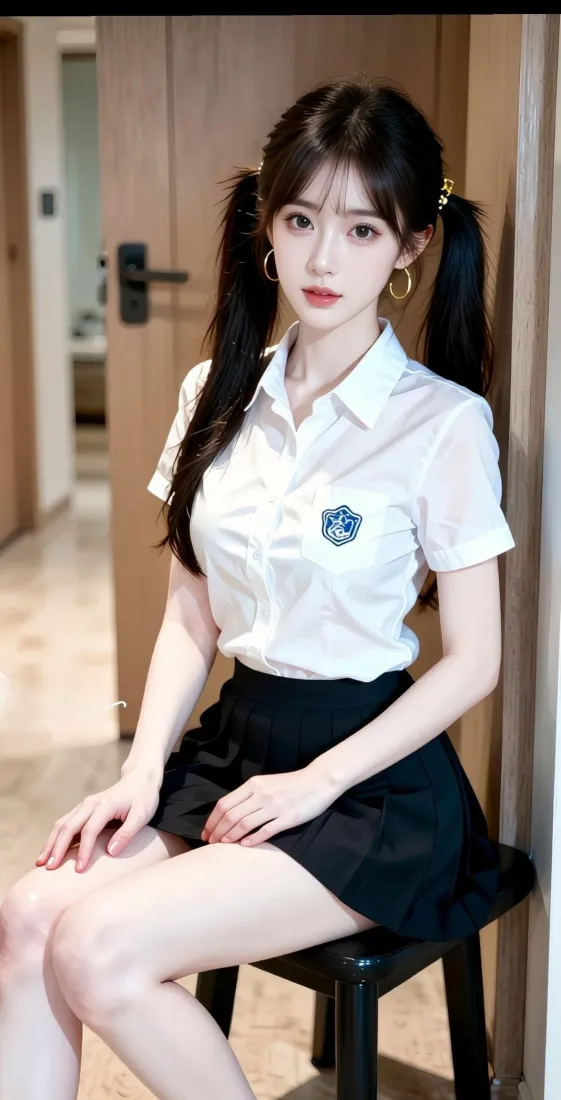 双马尾少女穿白衬衫黑百褶裙，坐于室内黑色凳子上，背景为木门与走廊。
