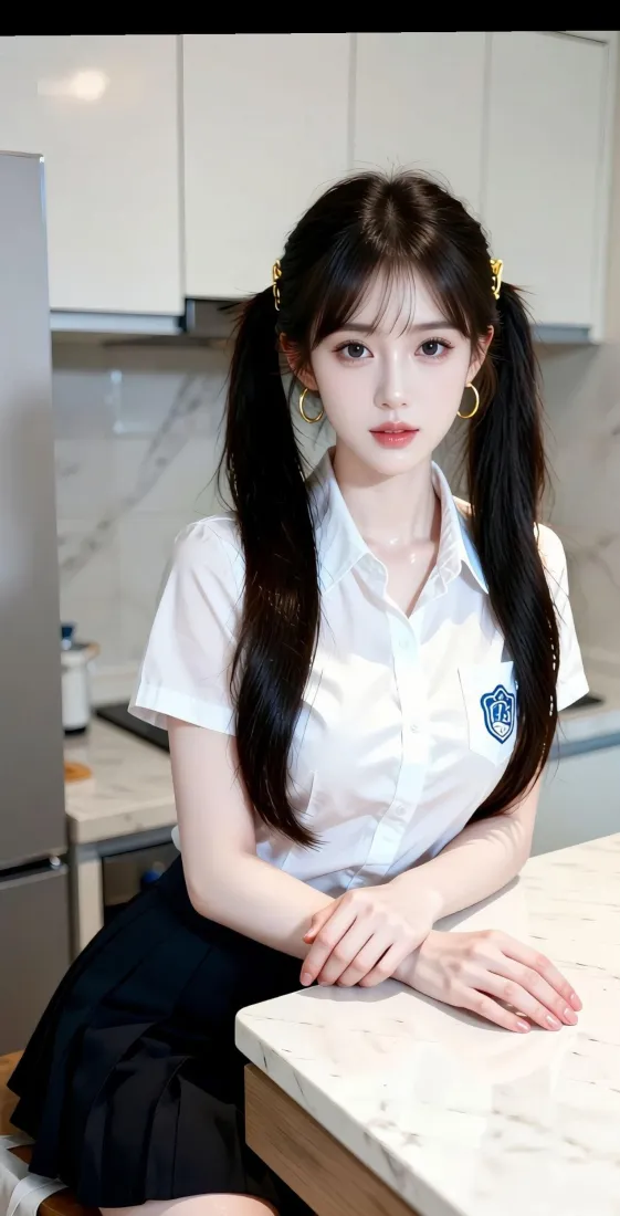 双马尾黑发少女身着JK制服，倚靠在现代厨房的大理石台面上。