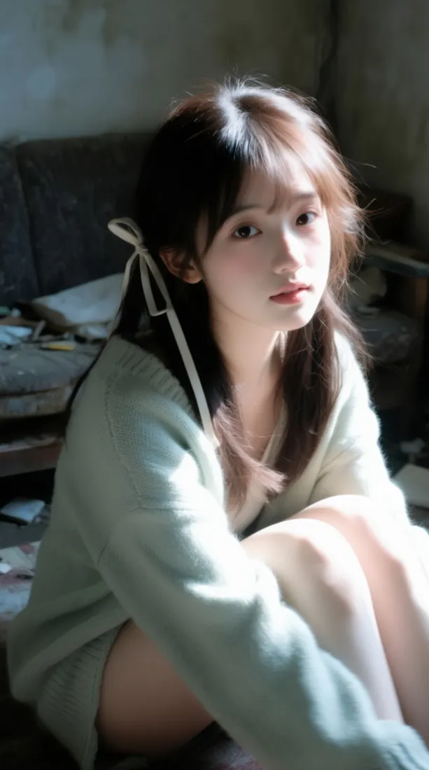 室内暖光下，穿浅绿色毛衣、系白色丝带发饰的长发少女抱膝而坐，氛围柔和。