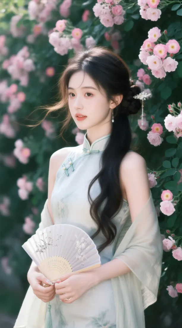 身着浅绿旗袍的温婉女子手持团扇，立于粉色蔷薇花墙前。
