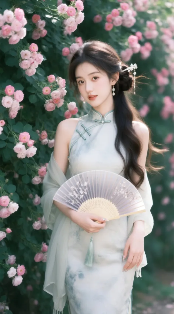 身着浅绿旗袍的女子手持折扇，立于粉色蔷薇花丛前，氛围柔美清新。