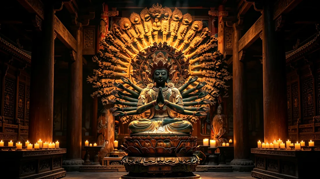 3k千手观音壁纸|古寺烛火背景图片 - 禅意国风高清佛像「哲风壁纸」 古寺大殿内千手观音金身像端坐,两侧烛火摇曳,氛围庄严肃穆。
