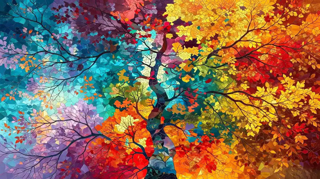炫彩油画风格的秋季树木，左侧冷色右侧暖色，色彩浓烈绚烂