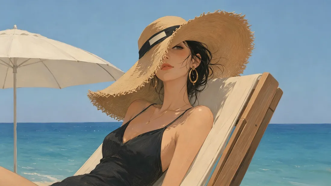 戴宽檐草帽的黑衣女子斜倚沙滩躺椅，背景是碧海蓝天与遮阳伞。