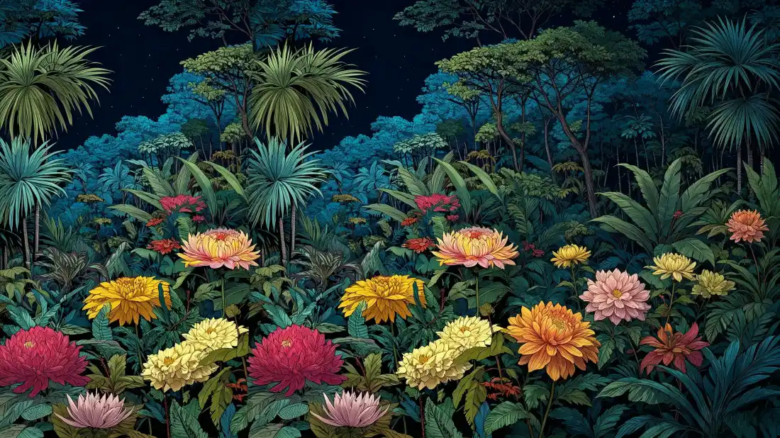 3k热带丛林花卉壁纸|多彩植物背景图片 - 4K清新自然「哲风壁纸」 夜色下的热带丛林,遍布多彩盛放的花卉与茂密绿植。