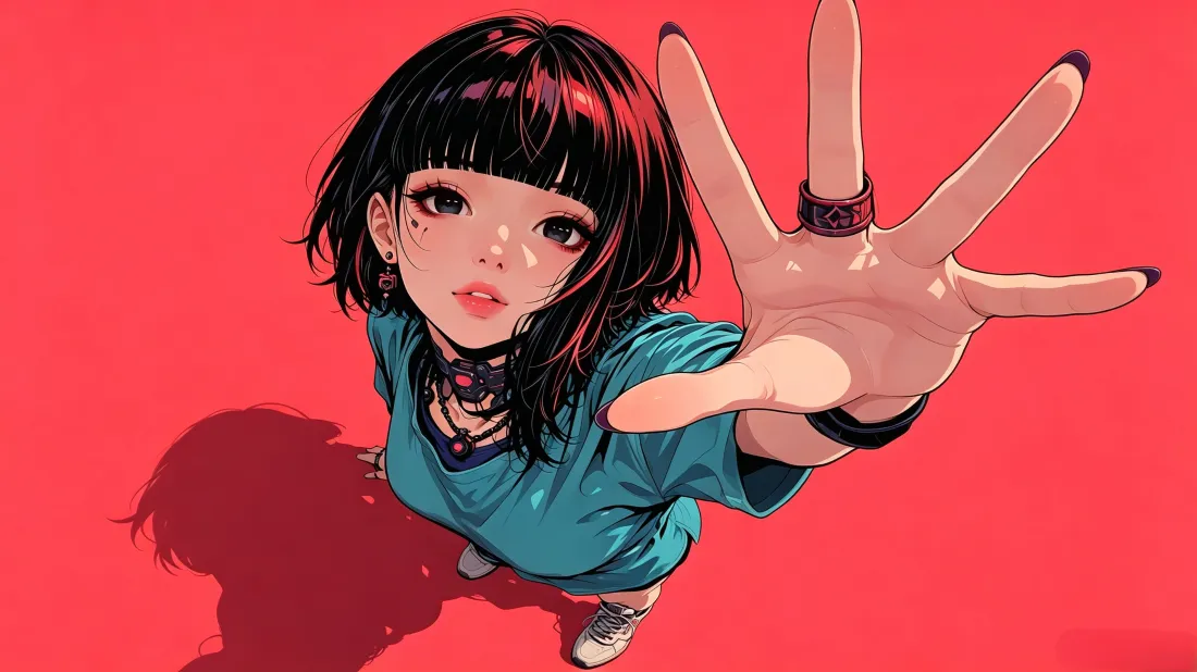 3k齐刘海动漫少女壁纸|红色背景图片 - 蓝衣伸手潮流插画「哲风壁纸」 俯视视角下齐刘海短发动漫少女穿蓝衣伸手朝向镜头,纯红背景
