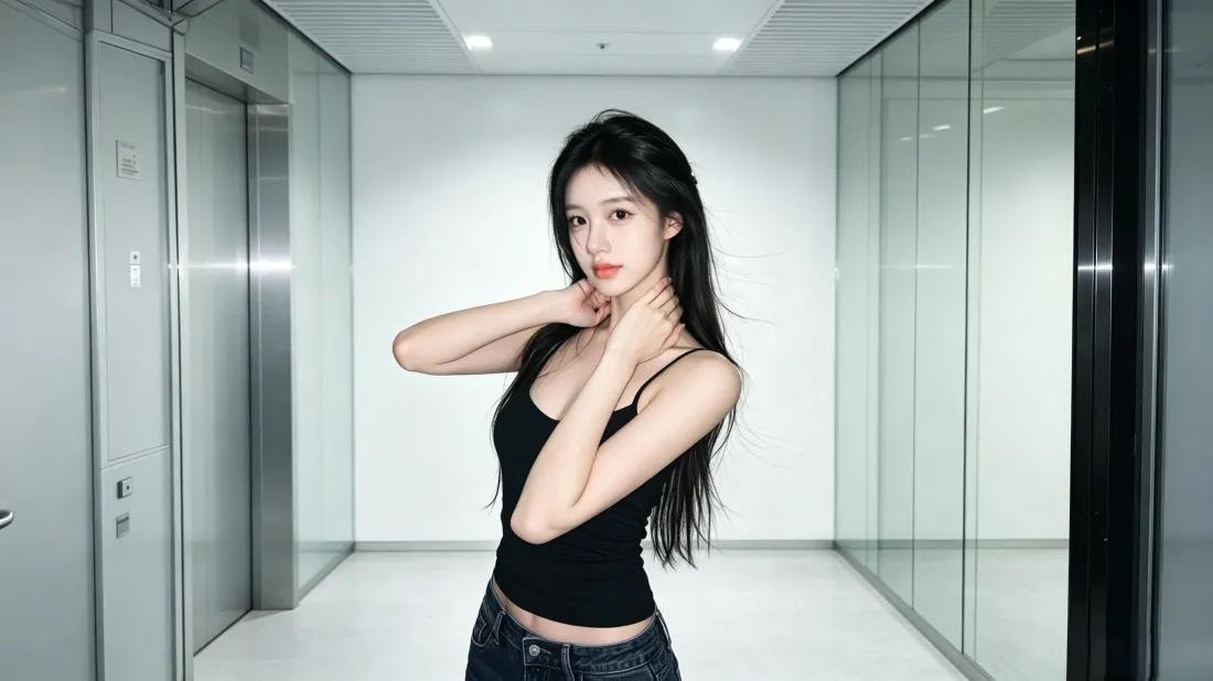 3k气质美女壁纸|极简办公空间背景图片 - 清冷时尚写真「哲风壁纸」 黑长发女子穿黑吊带牛仔裤,站在极简玻璃办公走廊中,双手轻触脖颈。