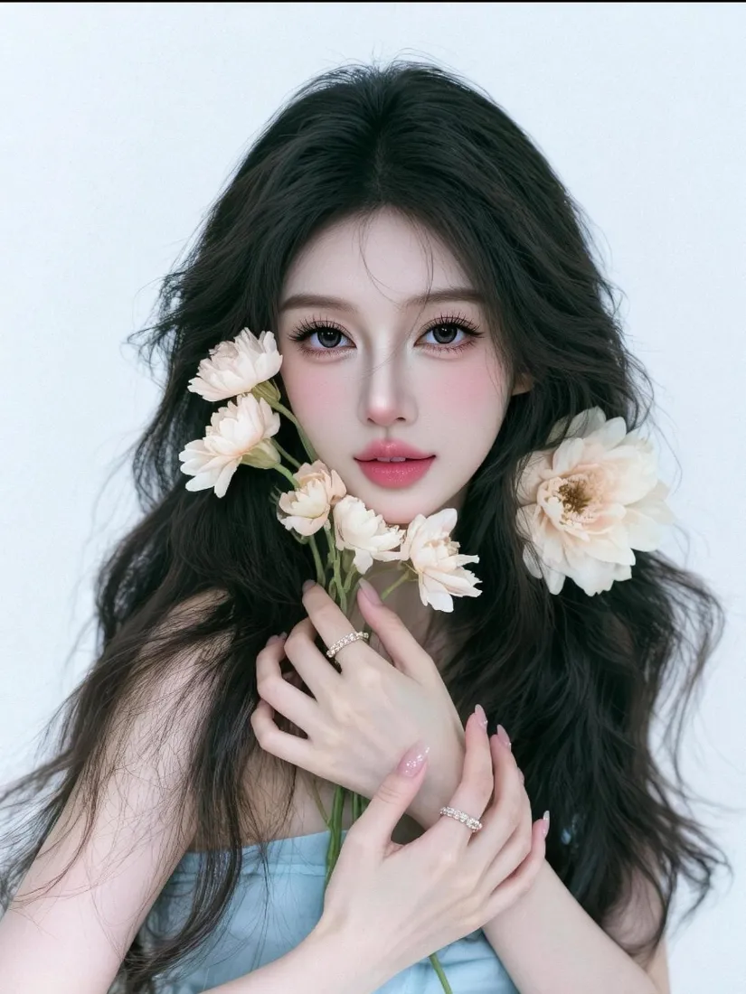 黑发卷发女子身着蓝色抹胸，怀抱浅色花朵，浅淡纯色背景的清新写真