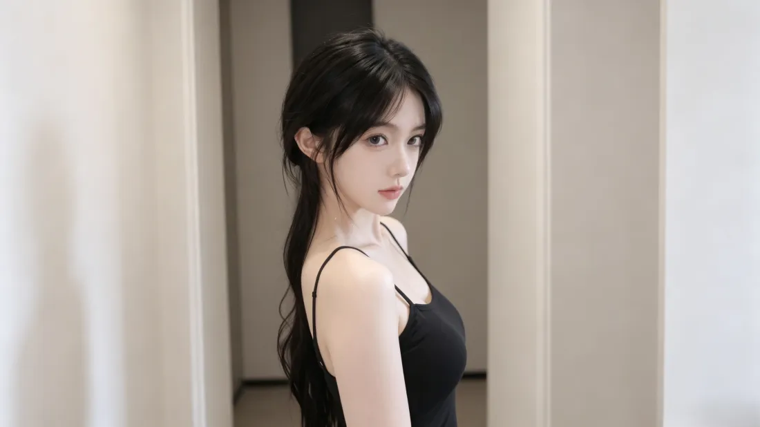 室内走廊中，穿黑色吊带的黑发长发美女侧身回头望向镜头。