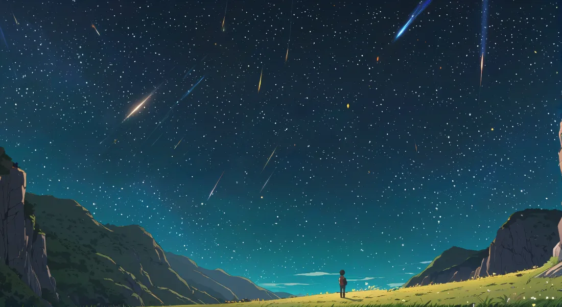 4k星空流星山谷｜电脑背景图片 - 草原治愈插画「哲风壁纸」