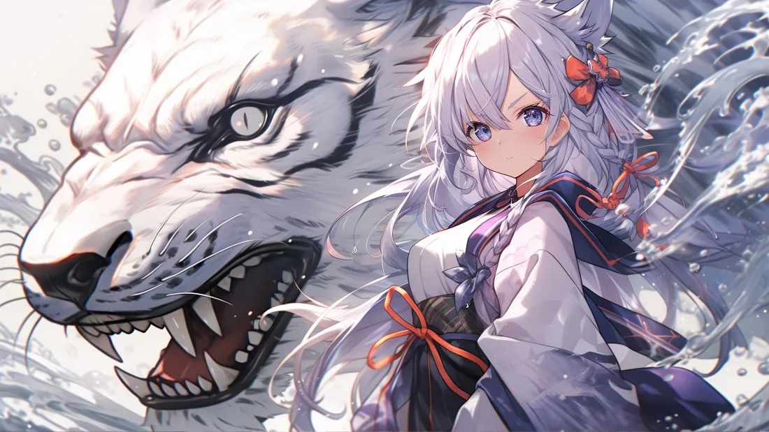 4k白虎兽耳少女壁纸｜水墨风背景图片 - 和风二次元插画「哲风壁纸」