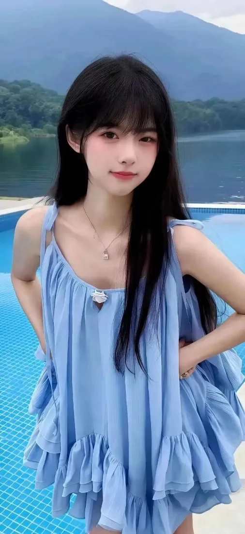 清纯小姐姐手机壁纸｜泳池边蓝色吊带裙背景图片 - 黑长发少女户外写真「哲风壁纸」