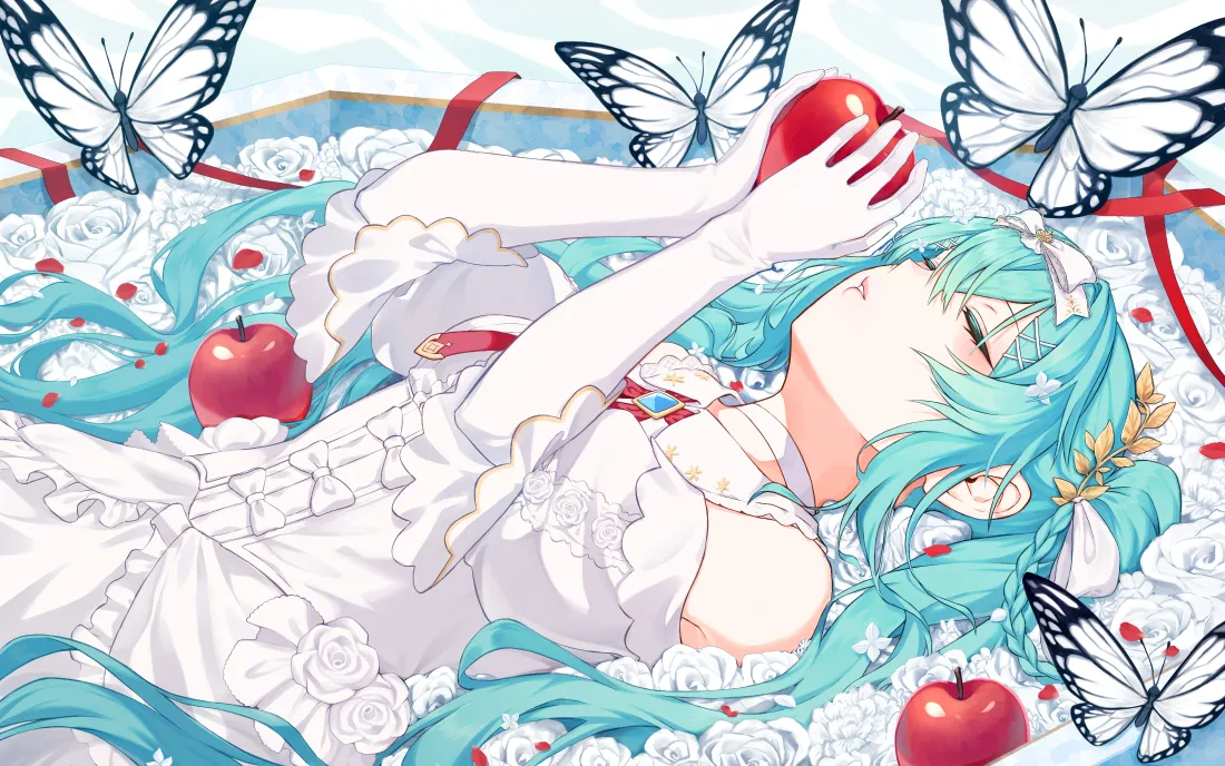 4k初音未来壁纸|白裙卧花背景图片 - 蝴蝶红苹果青发少女「哲风壁纸」 4k初音未来壁纸|白裙卧花背景图片 - 蝴蝶红苹果青发少女「哲风壁纸」
