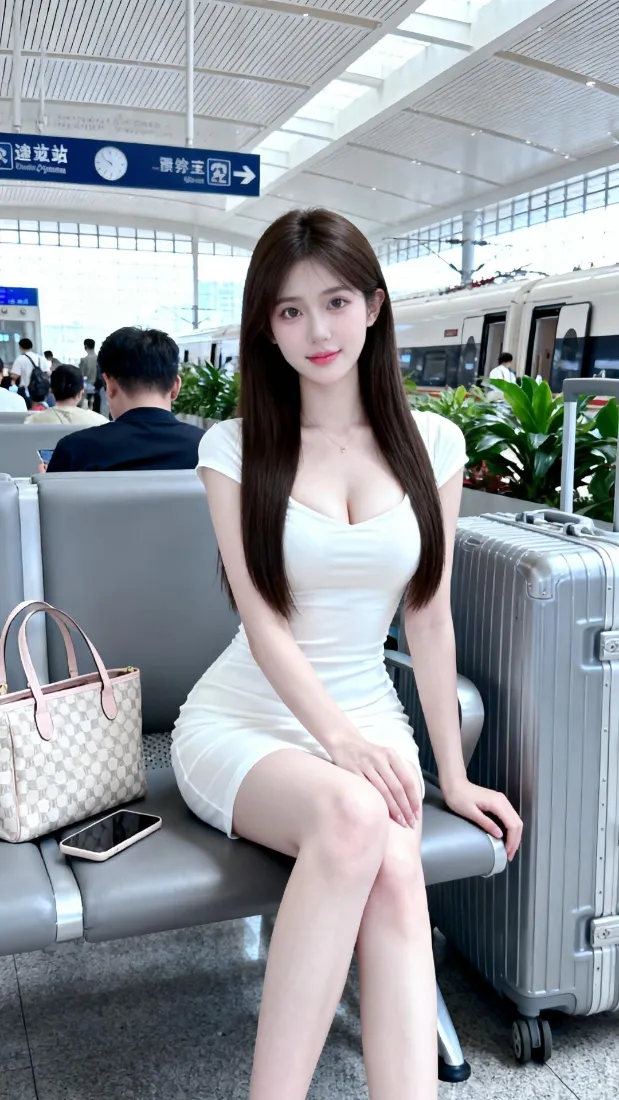 白裙美女｜高铁站候车背景图片 - 长发好身材穿搭「哲风壁纸」