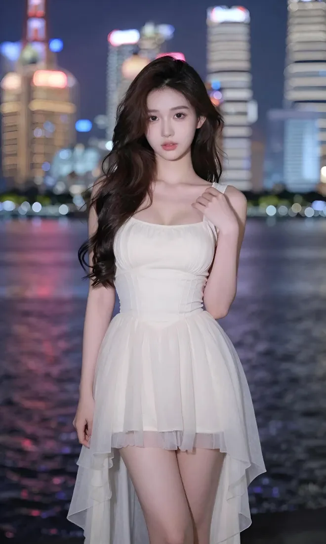 白裙美女手机壁纸｜城市夜景背景图片 - 江边氛围感写真「哲风壁纸」