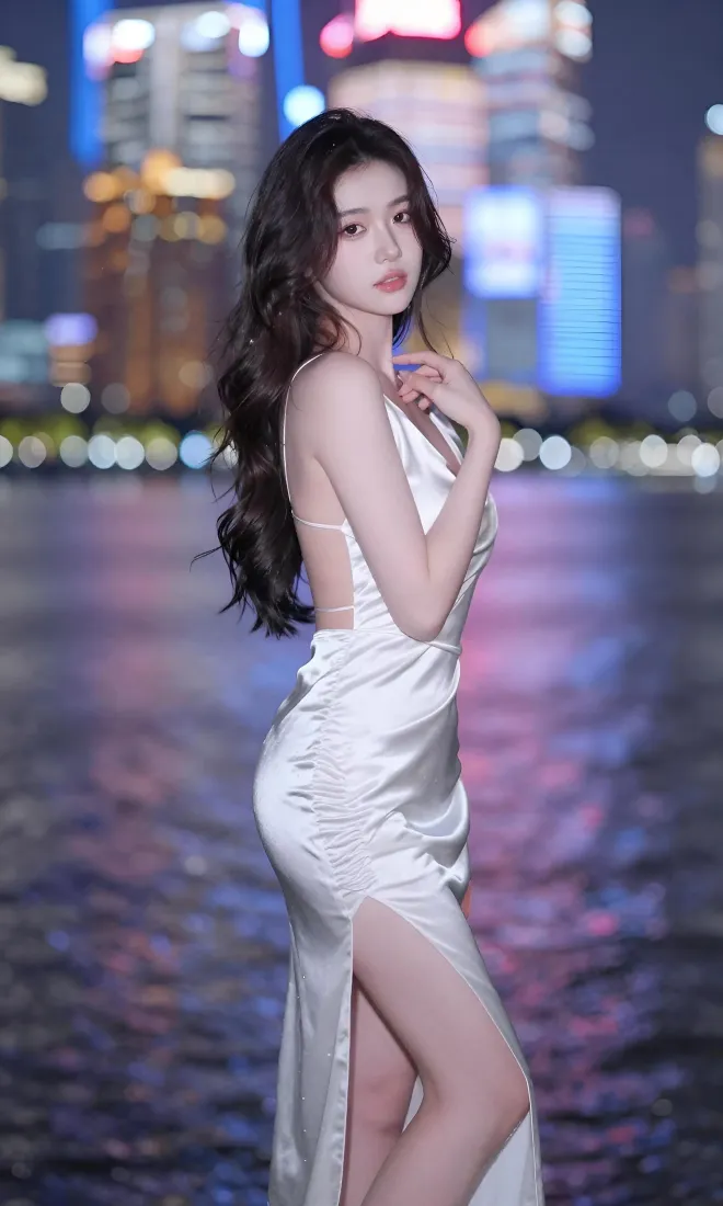白裙美女手机壁纸｜都市夜景背景图片 - 江边氛围感写真「哲风壁纸」
