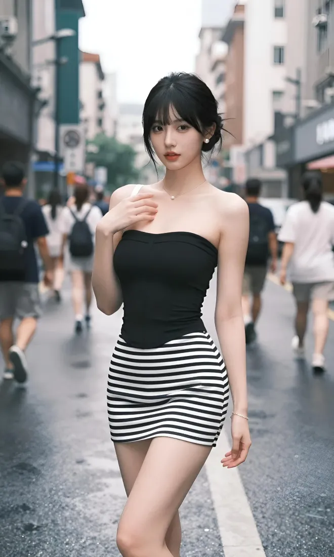 街拍美女｜城市街道背景图片 - 抹胸条纹短裙穿搭「哲风壁纸」