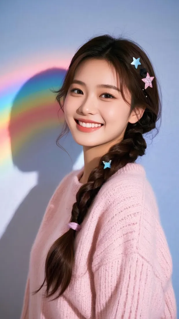 少女手机壁纸|彩虹背景图片 - 麻花辫粉毛衣甜妹「哲风壁纸」 少女手机壁纸|彩虹背景图片 - 麻花辫粉毛衣甜妹「哲风壁纸」