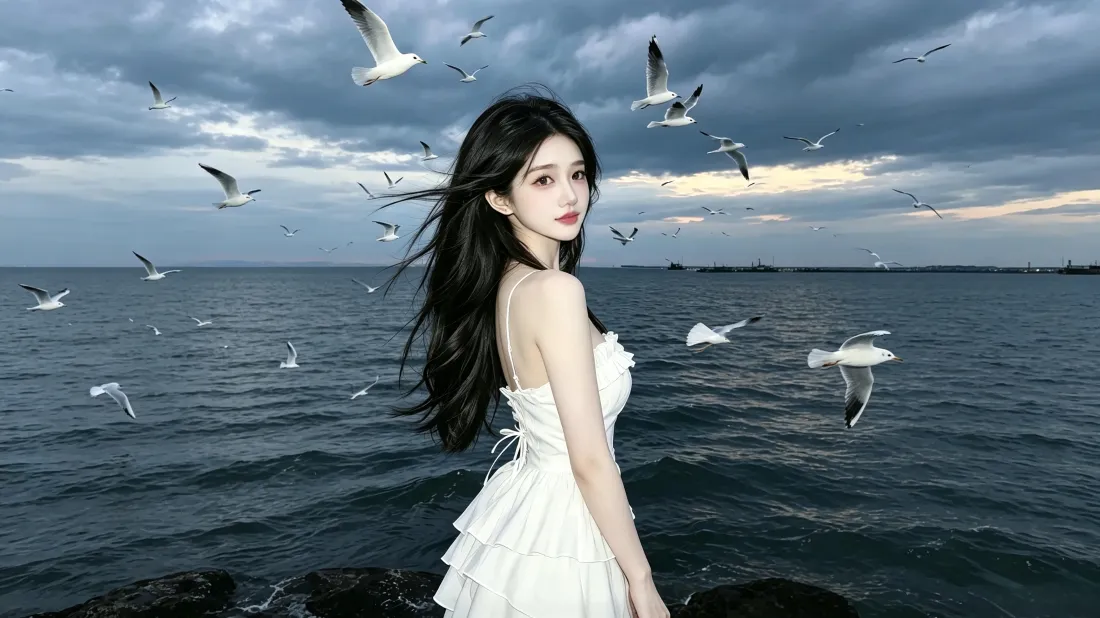 3k海边白裙美女壁纸｜海鸥海面背景图片 - 黄昏海边氛围感「哲风壁纸」