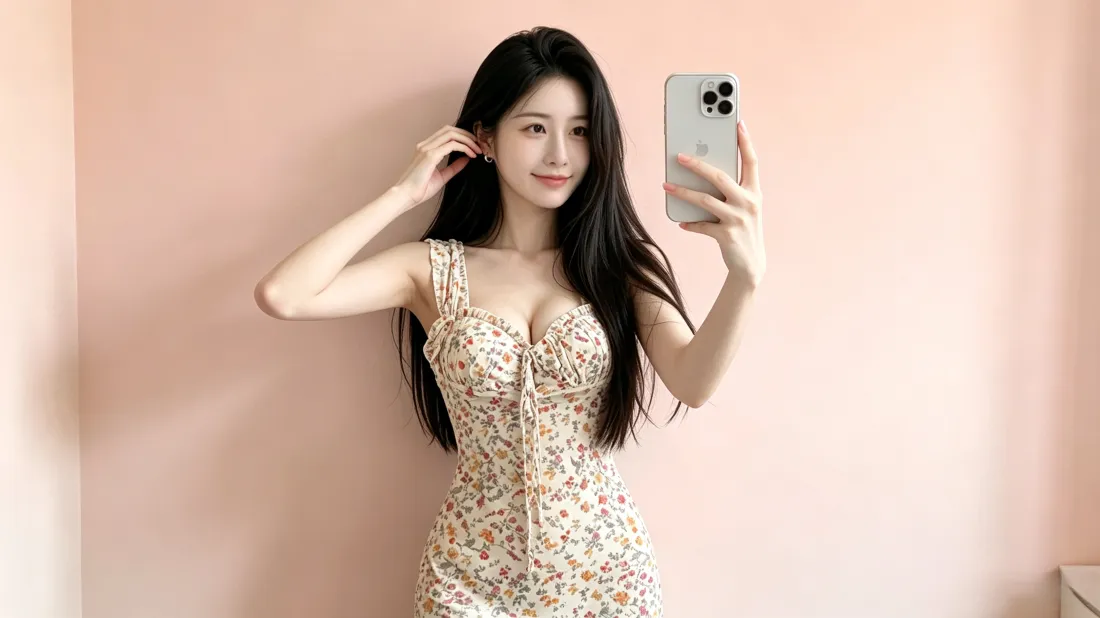 3k长发美女壁纸｜对镜自拍背景图片 - 碎花吊带裙穿搭「哲风壁纸」