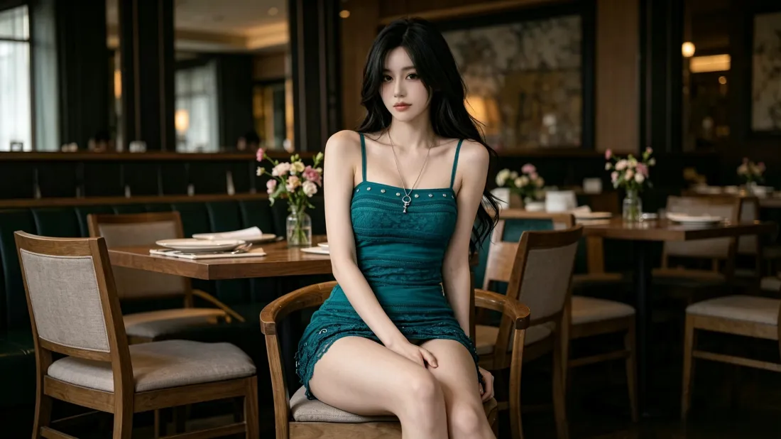 3k墨绿色吊带裙美女｜餐厅写真背景图片 - 黑长卷发御姐氛围感「哲风壁纸」