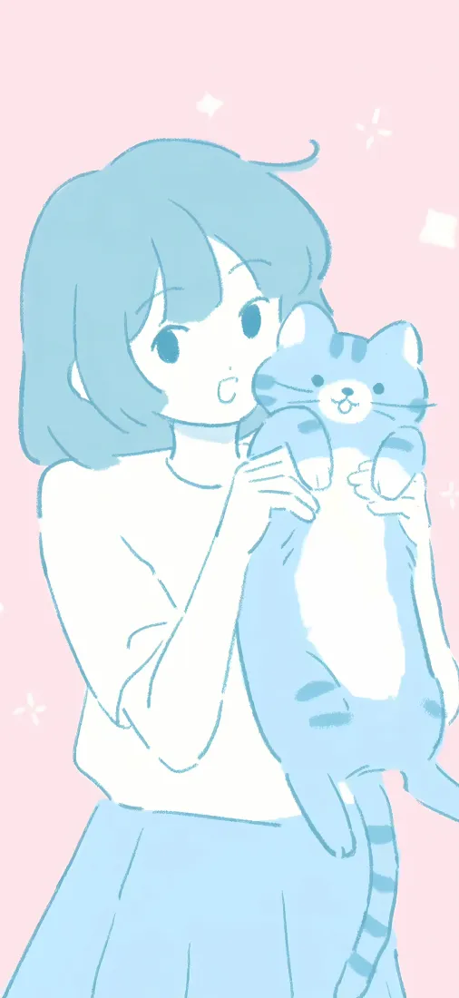 女孩抱猫手机壁纸|粉蓝可爱背景图片 - 治愈插画「哲风壁纸」 女孩抱猫手机壁纸|粉蓝可爱背景图片 - 治愈插画「哲风壁纸」