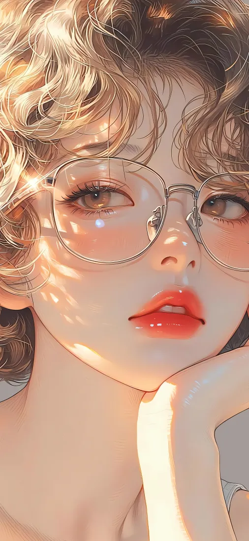 卷发眼镜少女手机壁纸|暖光光影背景图片 - 红唇人像插画「哲风壁纸」 卷发眼镜少女手机壁纸|暖光光影背景图片 - 红唇人像插画「哲风壁纸」