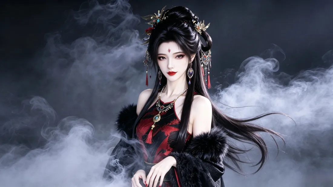3k古风美女壁纸｜红黑服饰背景图片 - 烟雾氛围感「哲风壁纸」