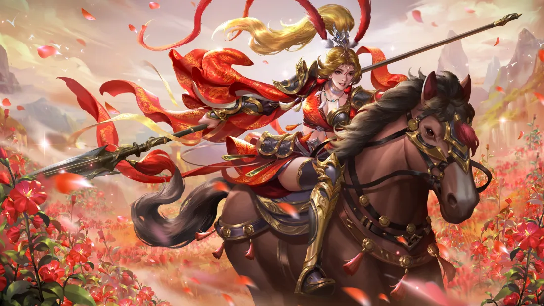 4k三国杀马云禄壁纸｜花海持枪背景图片 - 骑马红装女将「哲风壁纸」