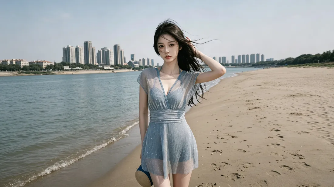 3k蓝裙美女海边沙滩｜夏日度假写真 - 城市海滨背景图片「哲风壁纸」