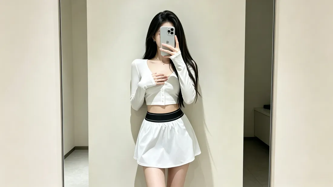 3k白衣短裙美女壁纸｜对镜自拍背景图片 - 纯欲风穿搭「哲风壁纸」