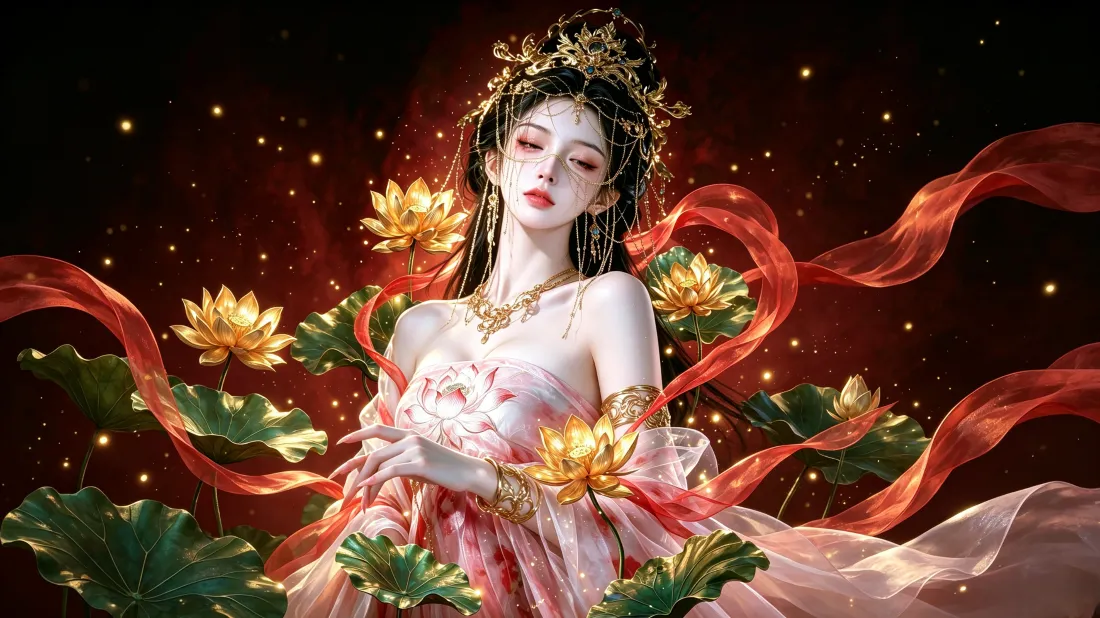 3k古风仙女壁纸|红绸金荷背景图片 - 国潮氛围感古风美人「哲风壁纸」 3k古风仙女壁纸|红绸金荷背景图片 - 国潮氛围感古风美人「哲风壁纸」
