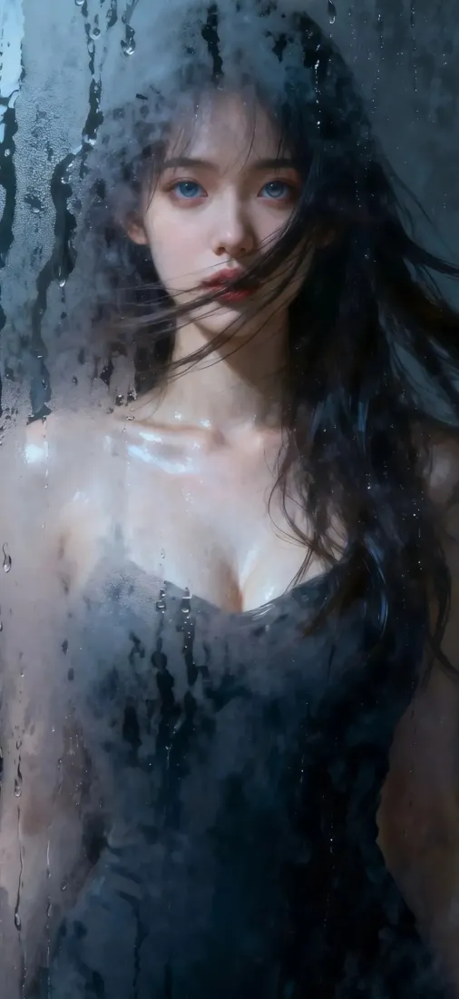 冷感美女手机壁纸｜水雾玻璃背景图片 - 黑裙蓝眼氛围感人像「哲风壁纸」