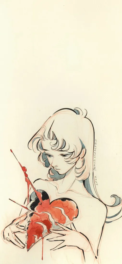 手捧穿心红心女性手机壁纸｜米白背景图片 - 简约线稿绘画「哲风壁纸」