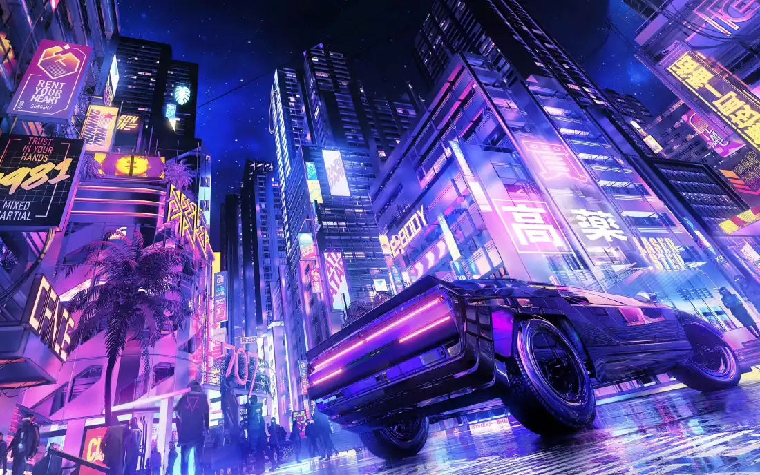 3k赛博朋克都市壁纸｜霓虹雨夜背景图片 - 飞行汽车「哲风壁纸」
