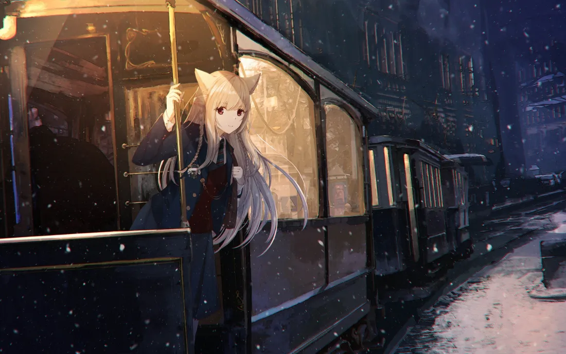 3k猫耳少女壁纸｜雪夜列车背景图片 - 暖光冬日治愈场景「哲风壁纸」