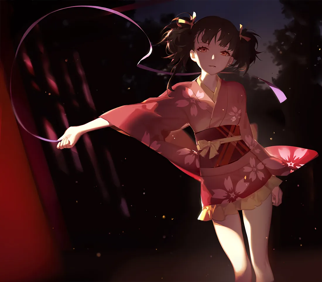 5k和服少女壁纸｜夜晚红丝带背景图片 - 精选二次元插画「哲风壁纸」