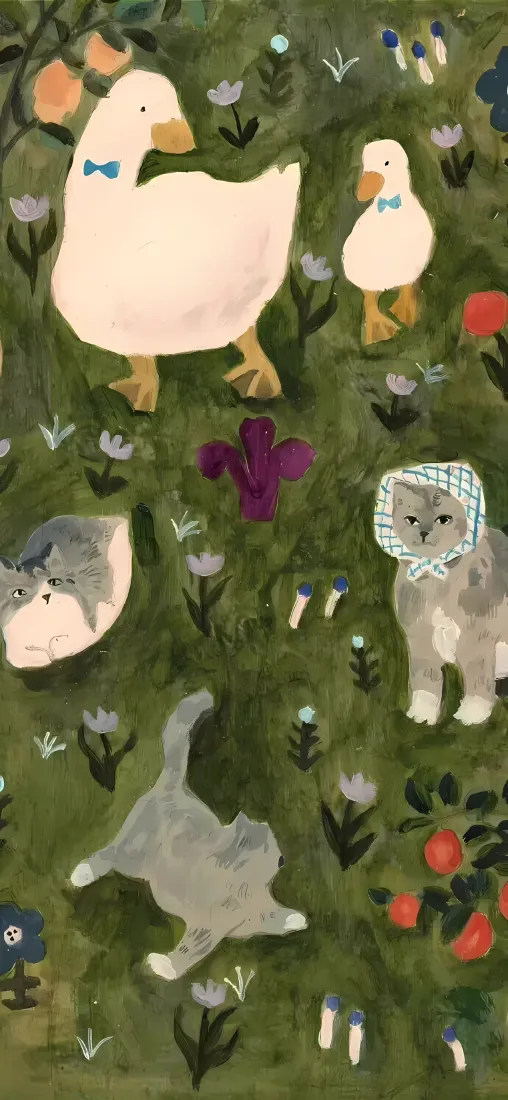 可爱动物插画手机壁纸|草地花境背景图片 - 鸭子猫咪童趣手绘「哲风壁纸」 可爱动物插画手机壁纸|草地花境背景图片 - 鸭子猫咪童趣手绘「哲风壁纸」