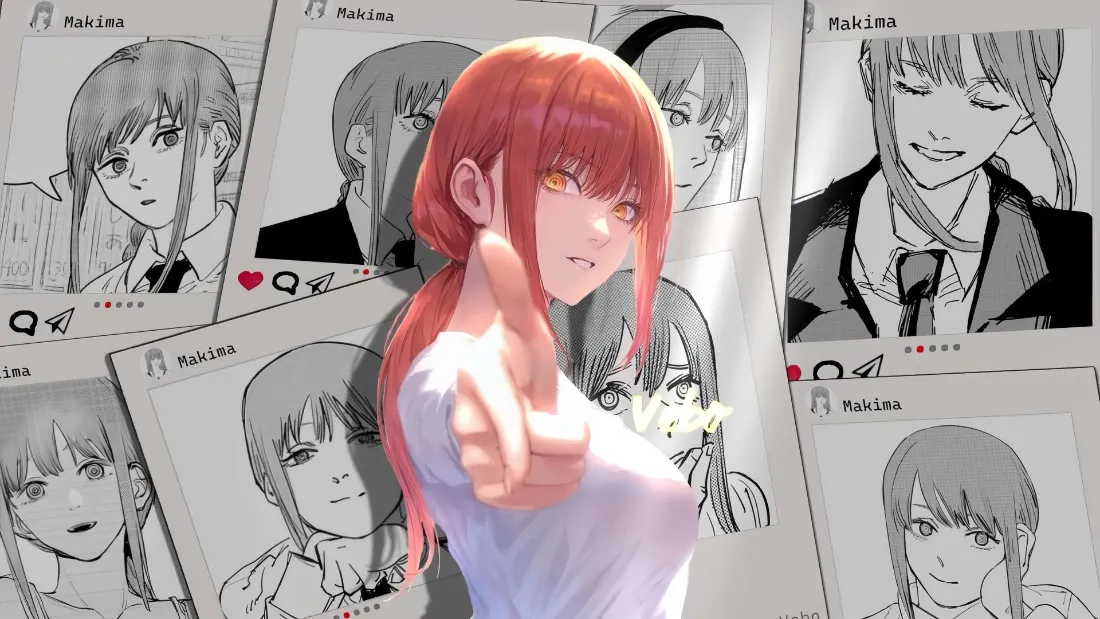 2k玛奇玛壁纸｜背景图片 - 电锯人红发红瞳少女手绘拼贴「哲风壁纸」