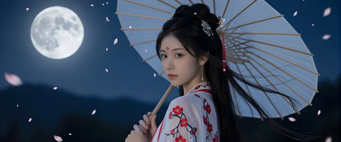 3k古风仙侠女子壁纸｜月夜持伞背景图片 - 花下汉服美人「哲风壁纸」