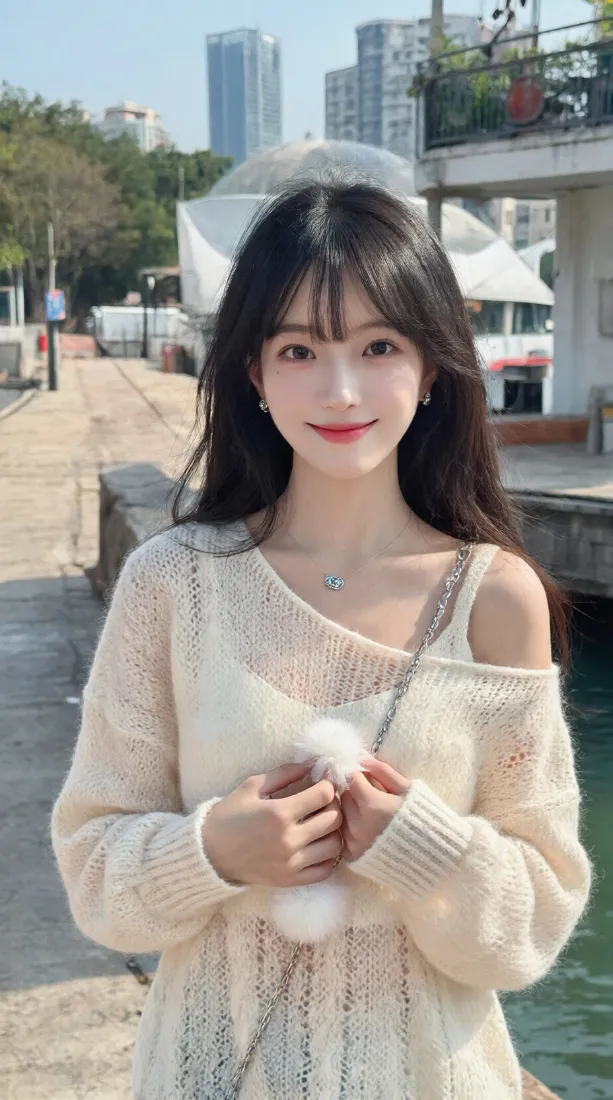 长发女生手机壁纸｜岸边户外背景图片 - 米白露肩针织衫穿搭「哲风壁纸」